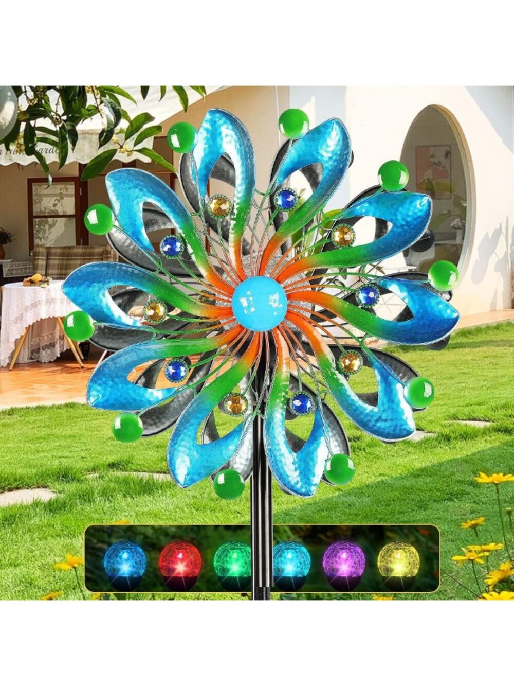 75-Inch Navy Blue Wind Spinner for Yard & Garden - Kinetic Art with Solar Light